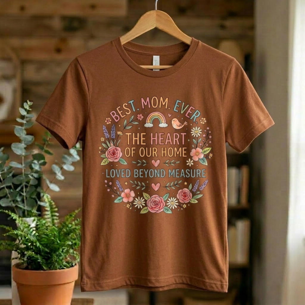 Floral Wreath Best Mom Ever Women's T-Shirt, The Heart of Our Home, Loved Beyond Measure Tee