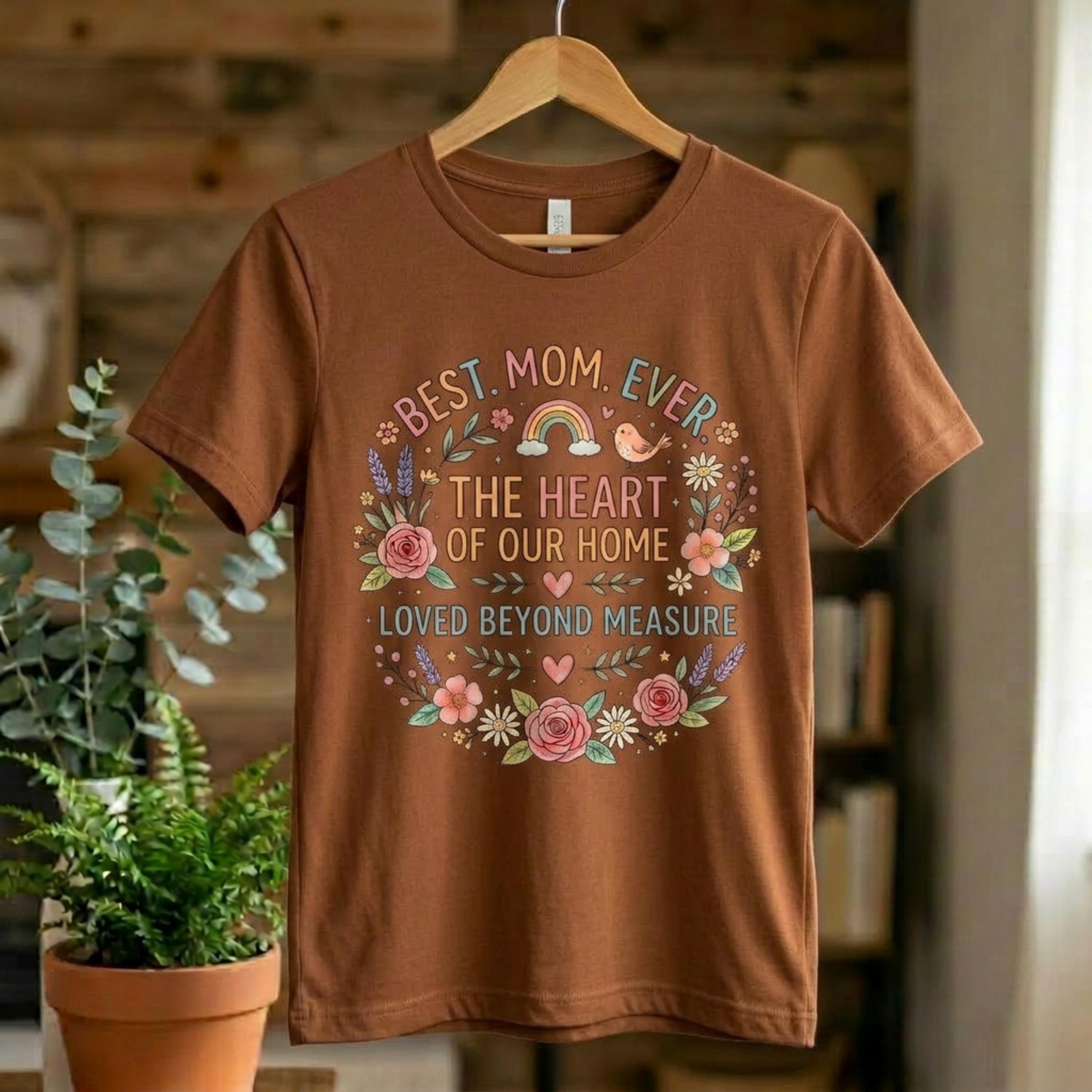 Floral Wreath Best Mom Ever Women's T-Shirt, The Heart of Our Home, Loved Beyond Measure Tee