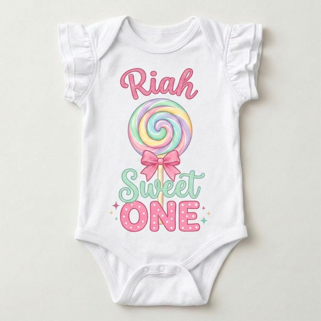 Custom Sweet ONE 1st Birthday Infant Ruffled Sleeves Onesie, TWO Sweet Personalized Name and Age Tee