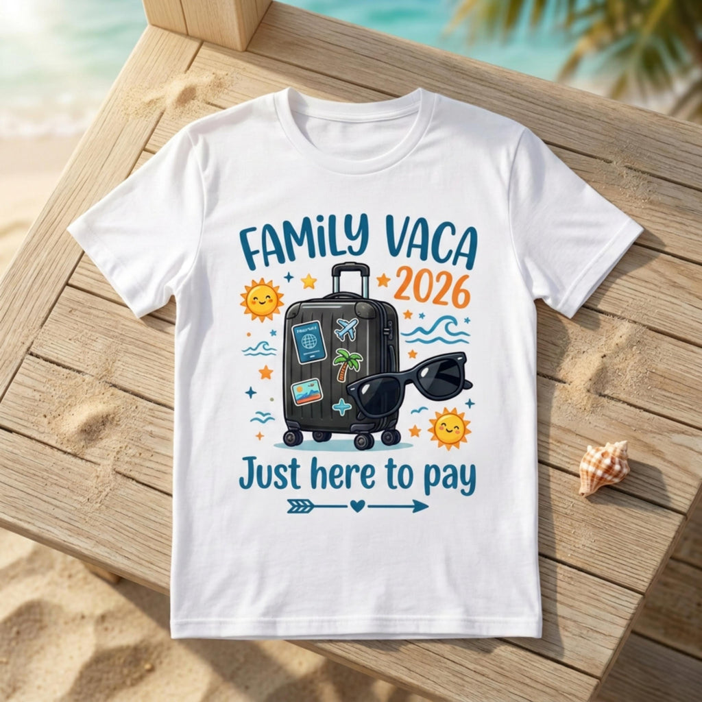 Family Vaca 2026 "Just here to pay" Unisex T-Shirt, Matching Holidays, Summer vacation tee
