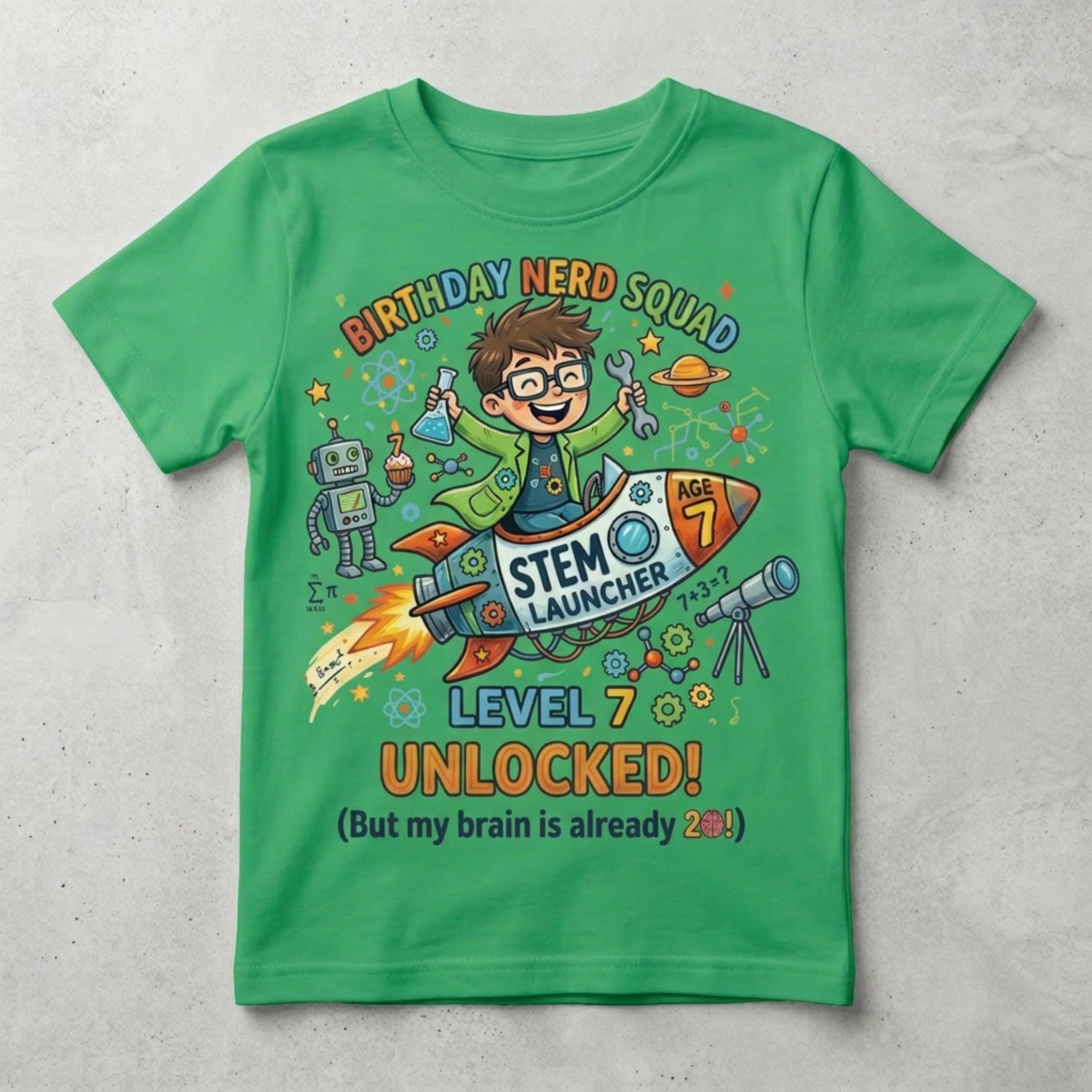May include: Green t-shirt with a colorful graphic design for a child's birthday. The design features a cartoon boy in a rocket ship labeled "STEM Launcher" with the text "Level 7 Unlocked!" and "Birthday Nerd Squad."