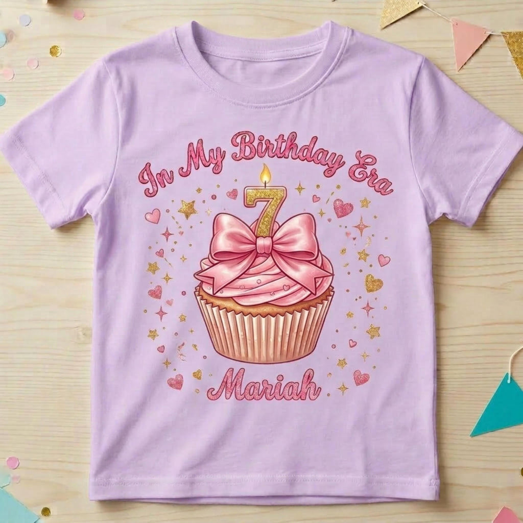 Personalized "In My Birthday Era" Birthday Cupcake T-Shirt, Girl Bow Tee