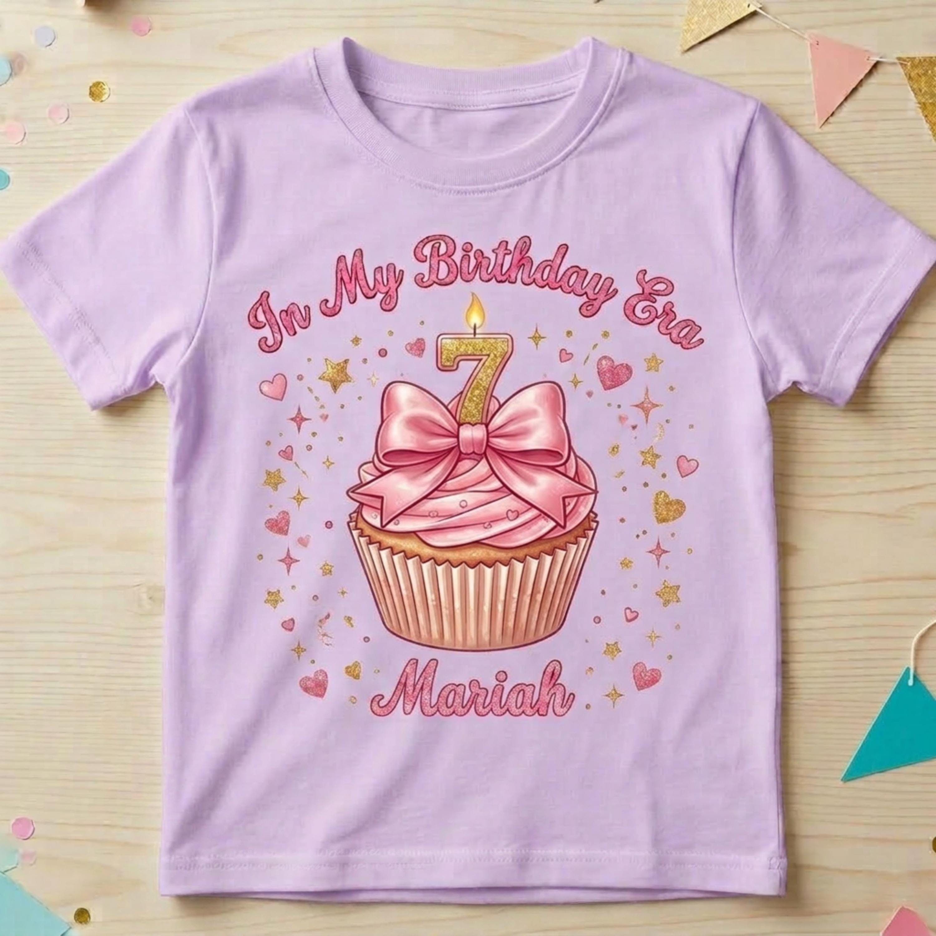 Personalized "In My Birthday Era" Birthday Cupcake T-Shirt, Girl Bow Tee