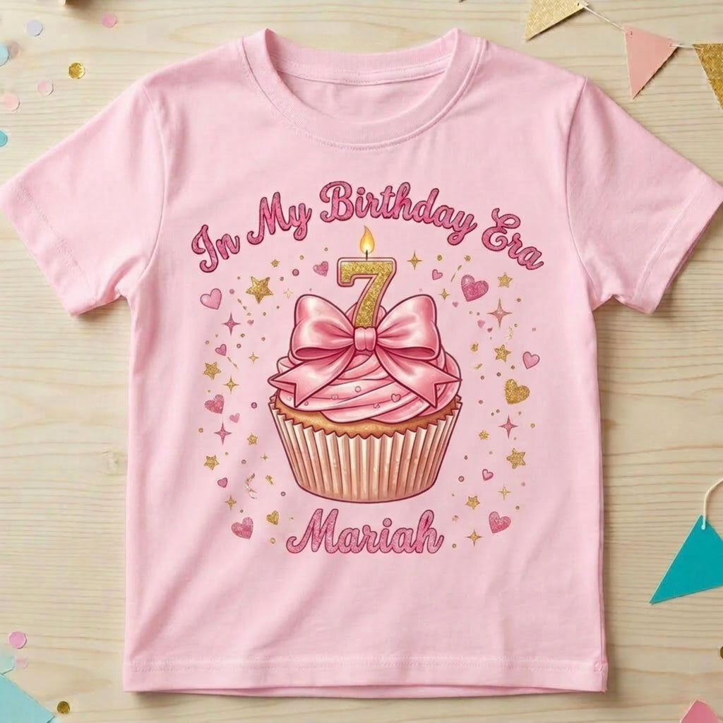 Personalized "In My Birthday Era" Birthday Cupcake T-Shirt, Girl Bow Tee