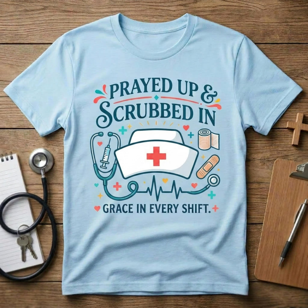 Christian Nurse Unisex T-Shirt Prayed Up & Scrubbed In, Faith RN Sweartshirt, Nurse Week Gift, Religious Long-Sleeve Tee Nurse Appreciation