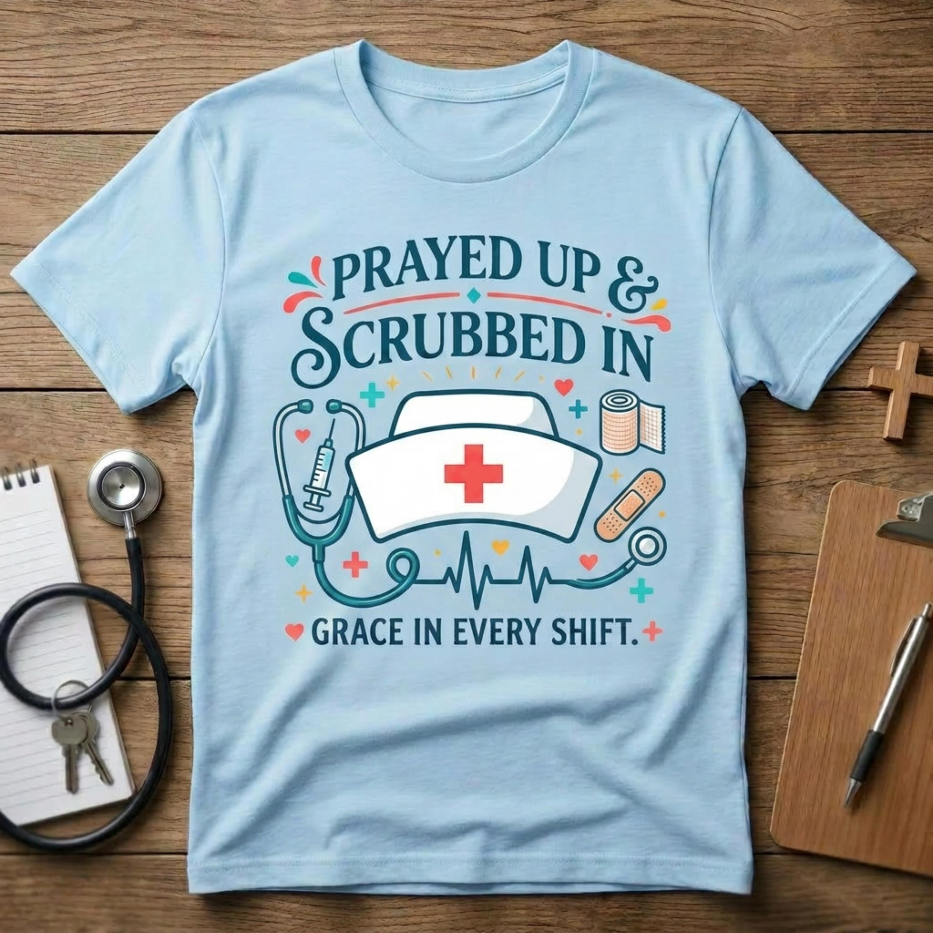 Christian Nurse Unisex T-Shirt Prayed Up & Scrubbed In, Faith RN Sweartshirt, Nurse Week Gift, Religious Long-Sleeve Tee Nurse Appreciation