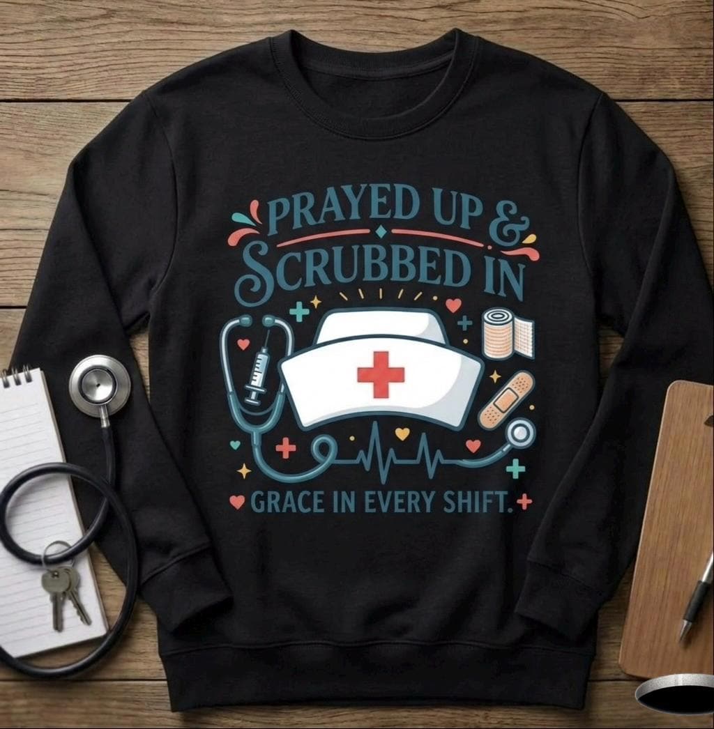 Christian Nurse Unisex T-Shirt Prayed Up & Scrubbed In, Faith RN Sweartshirt, Nurse Week Gift, Religious Long-Sleeve Tee Nurse Appreciation