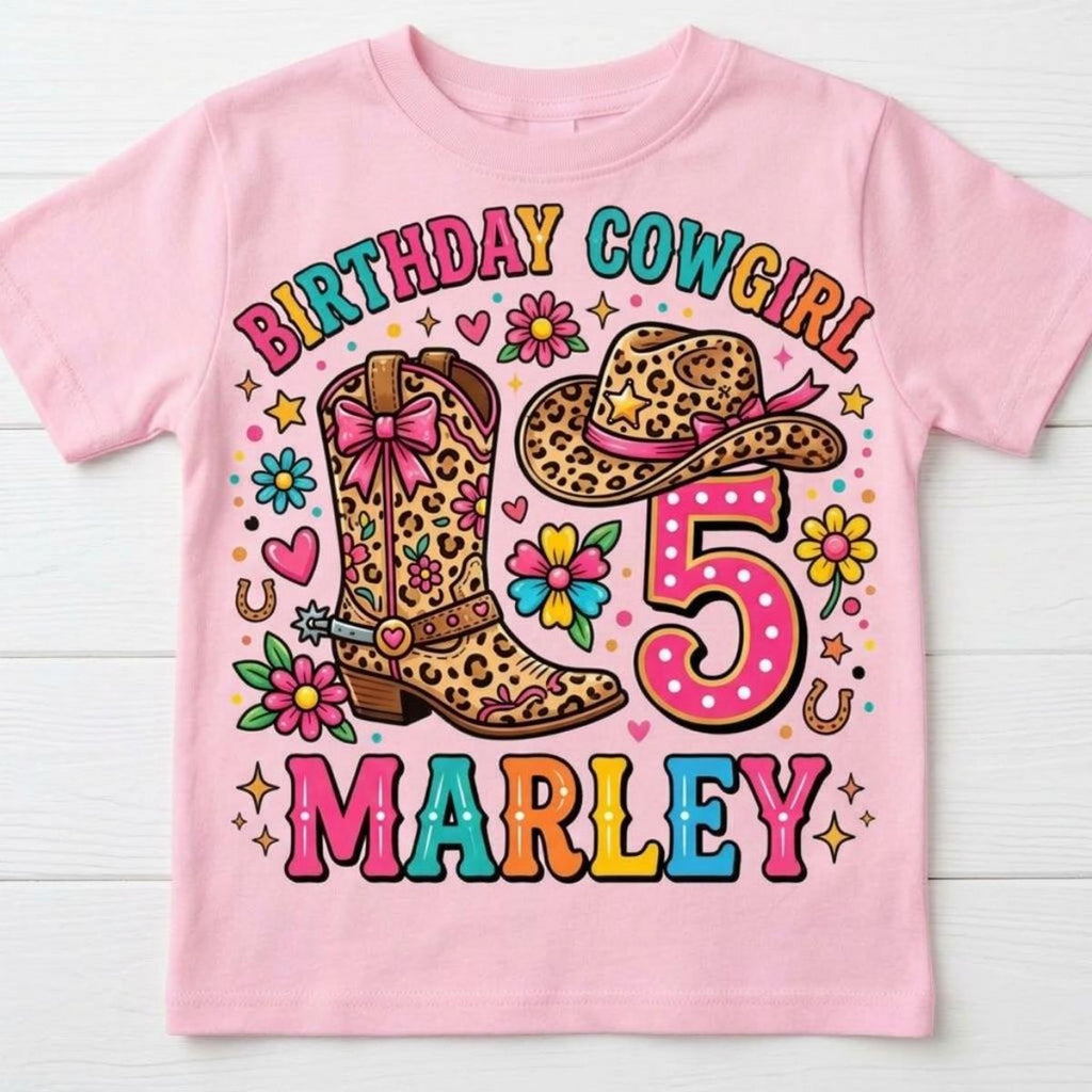 Custom Birthday CowGirl T-Shirt, Personalized name and age, Rodeo Cheetah prints Girl flower Tee