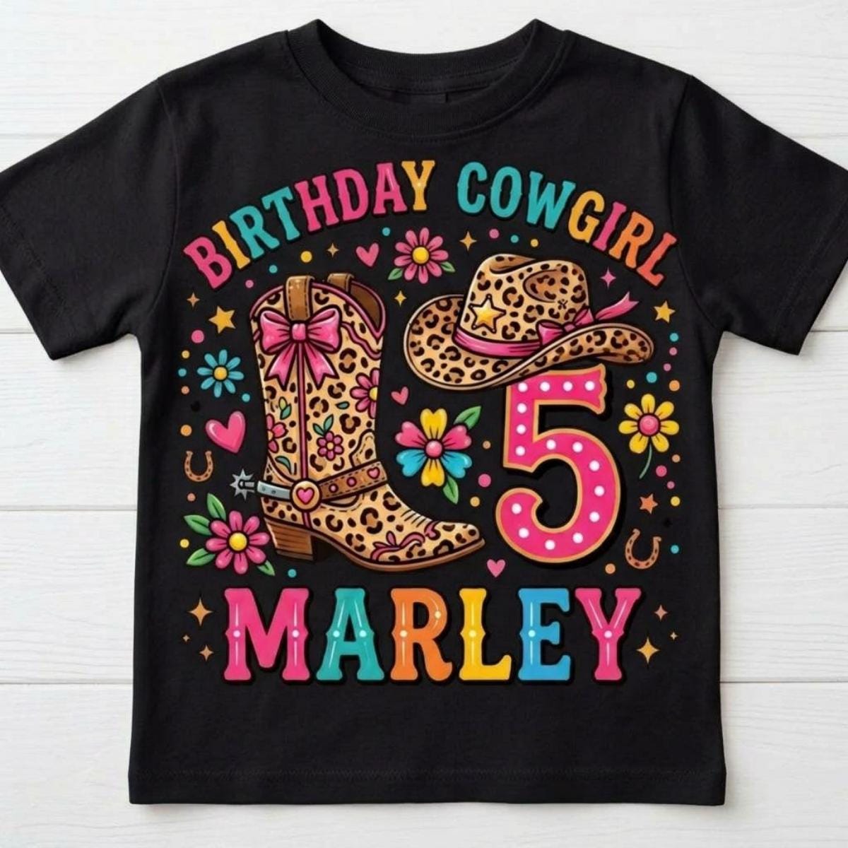 Custom Birthday CowGirl T-Shirt, Personalized name and age, Rodeo Cheetah prints Girl flower Tee