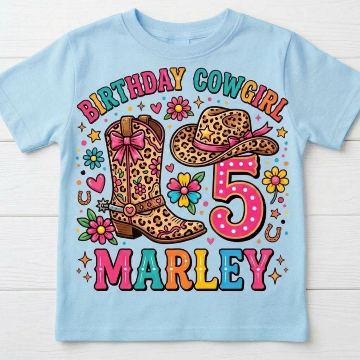 Custom Birthday CowGirl T-Shirt, Personalized name and age, Rodeo Cheetah prints Girl flower Tee