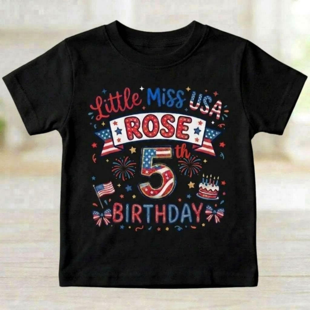 Custom Little Miss USA 5th Birthday T-Shirt, Personalized Name Tee, US Flag Design