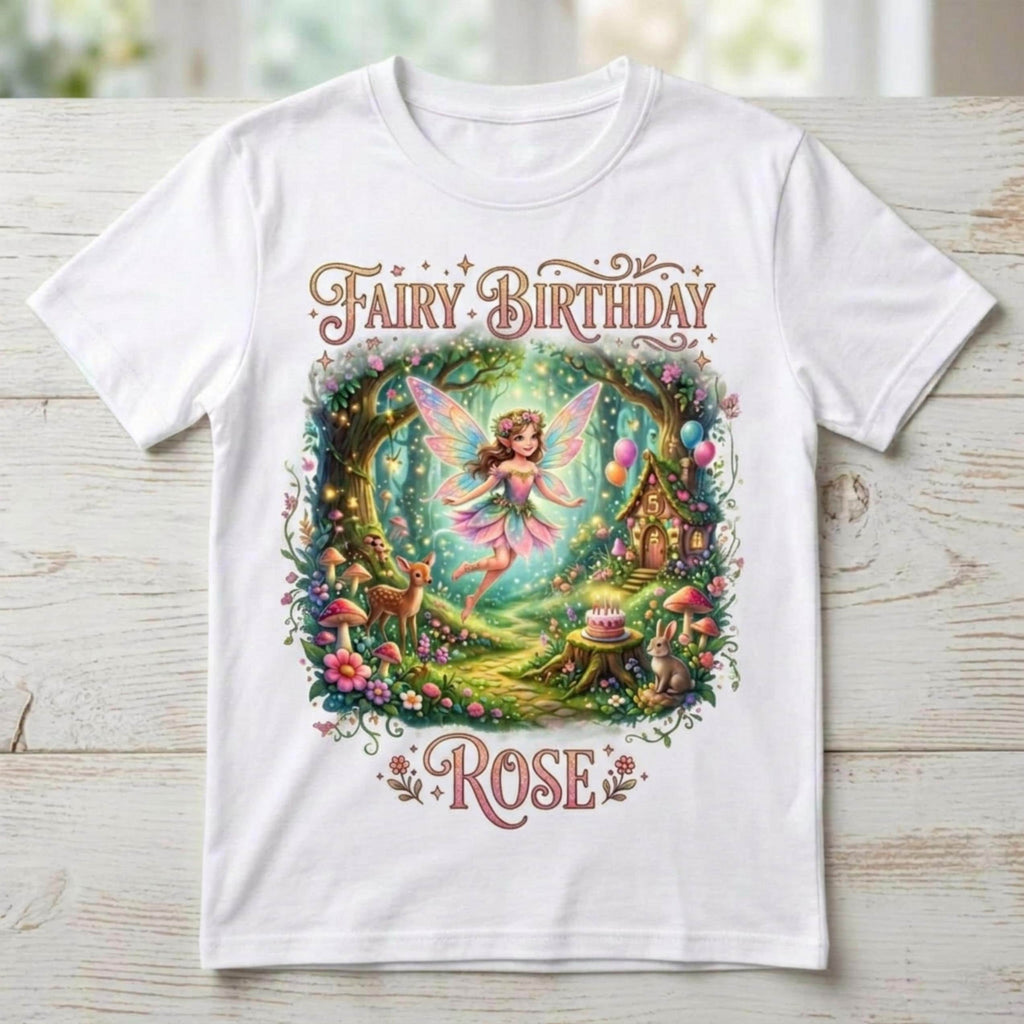 Personalized Fairy Forest Birthday Girl T-Shirt, Enchanted Woodland Cottagecore Party Tee