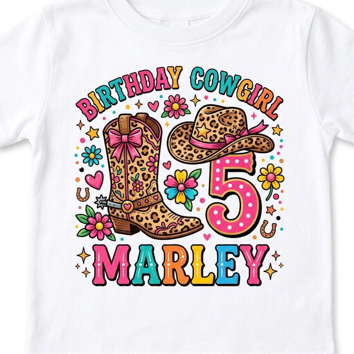 Custom Birthday CowGirl T-Shirt, Personalized name and age, Rodeo Cheetah prints Girl flower Tee