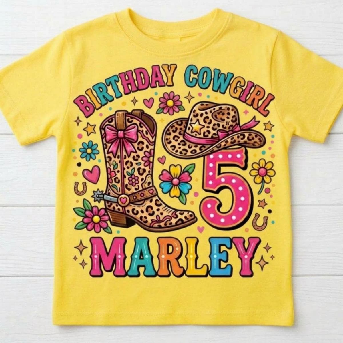 Custom Birthday CowGirl T-Shirt, Personalized name and age, Rodeo Cheetah prints Girl flower Tee