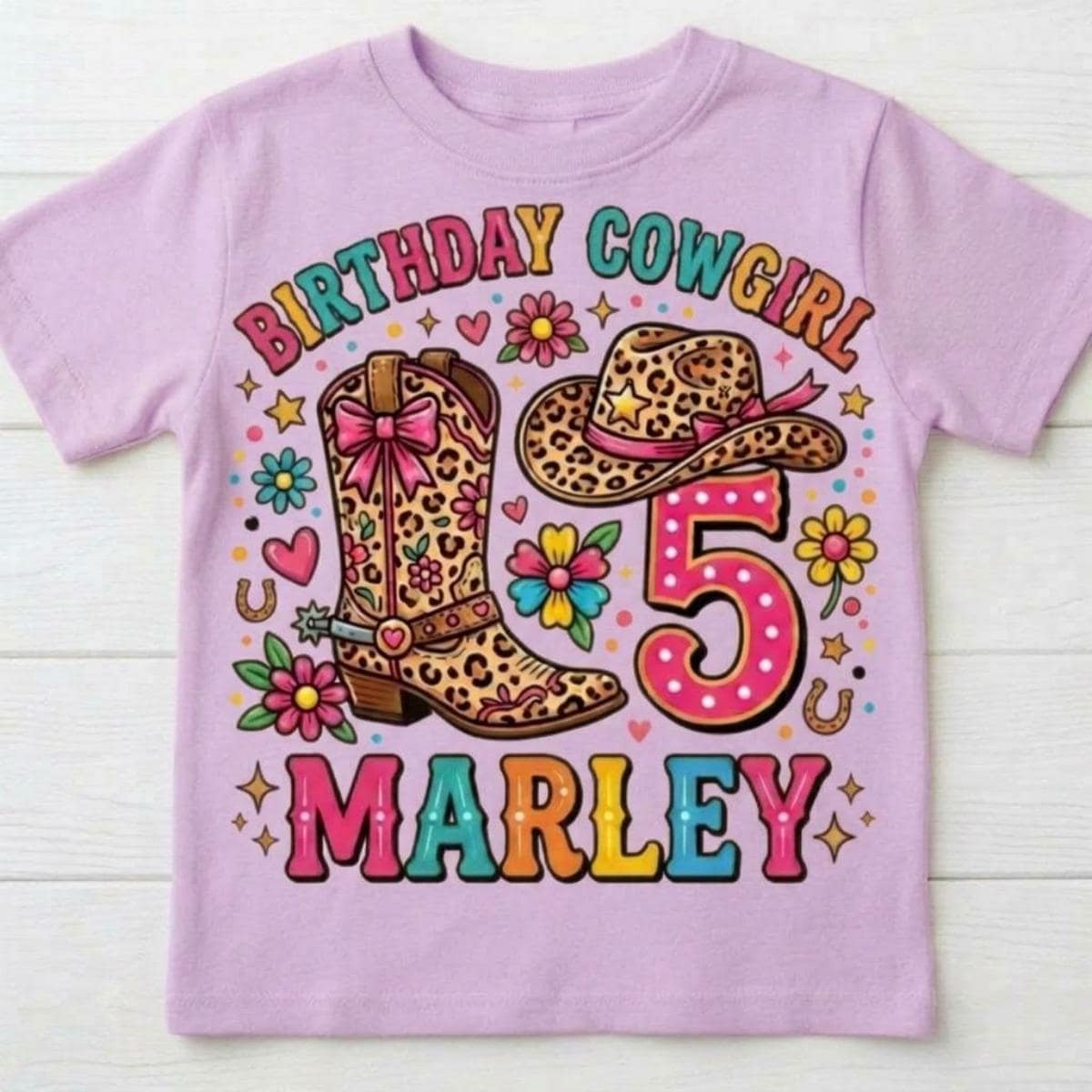 Custom Birthday CowGirl T-Shirt, Personalized name and age, Rodeo Cheetah prints Girl flower Tee