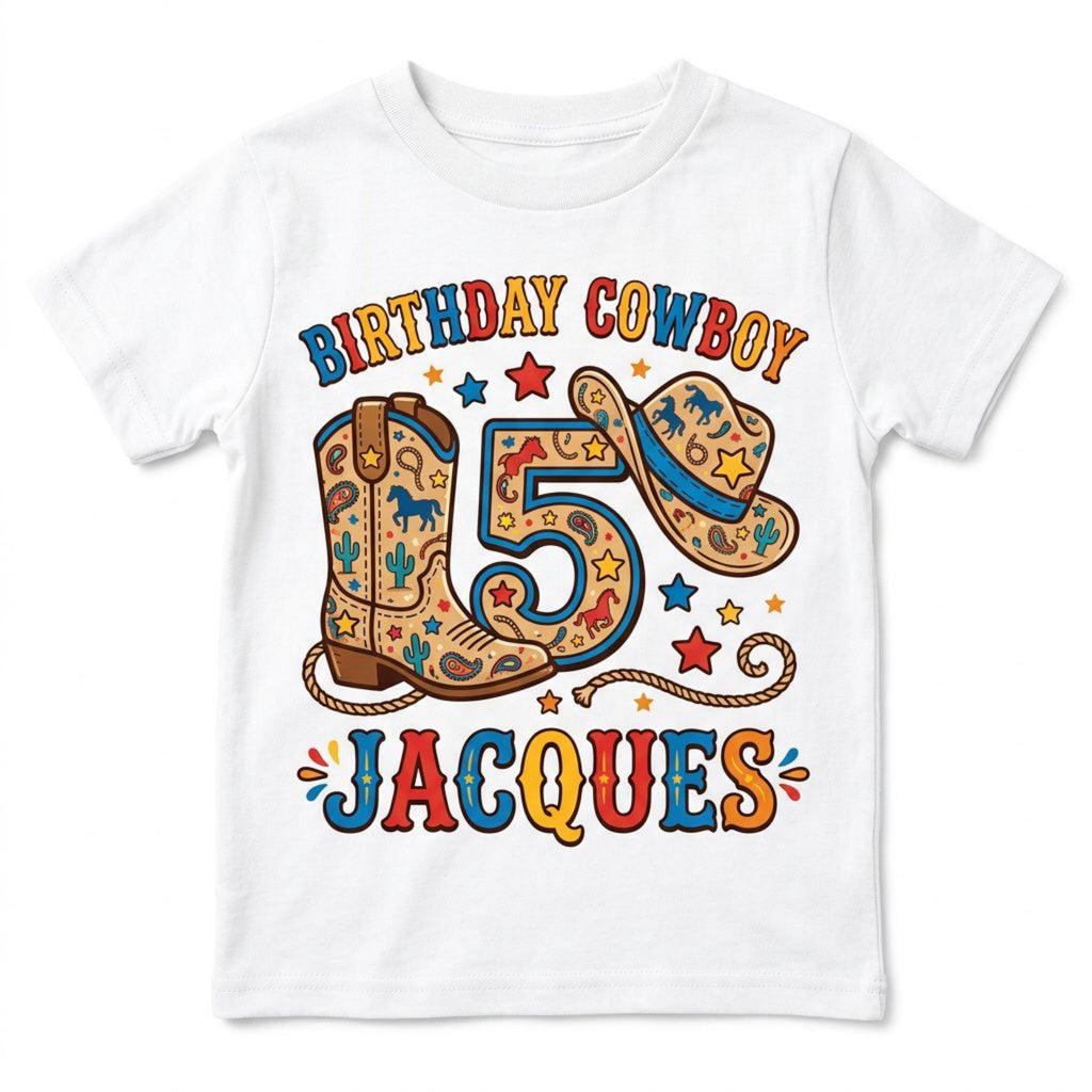 Custom Birthday Cowboy Kids T-Shirt, personalized name & age rodeo cowboy Tee