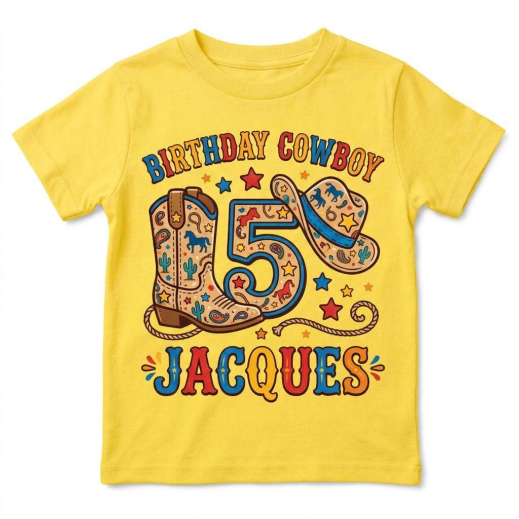 Custom Birthday Cowboy Kids T-Shirt, personalized name & age rodeo cowboy Tee