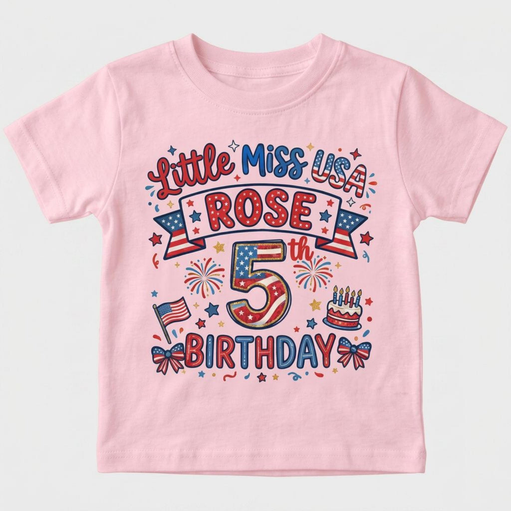 Custom Little Miss USA 5th Birthday T-Shirt, Personalized Name Tee, US Flag Design