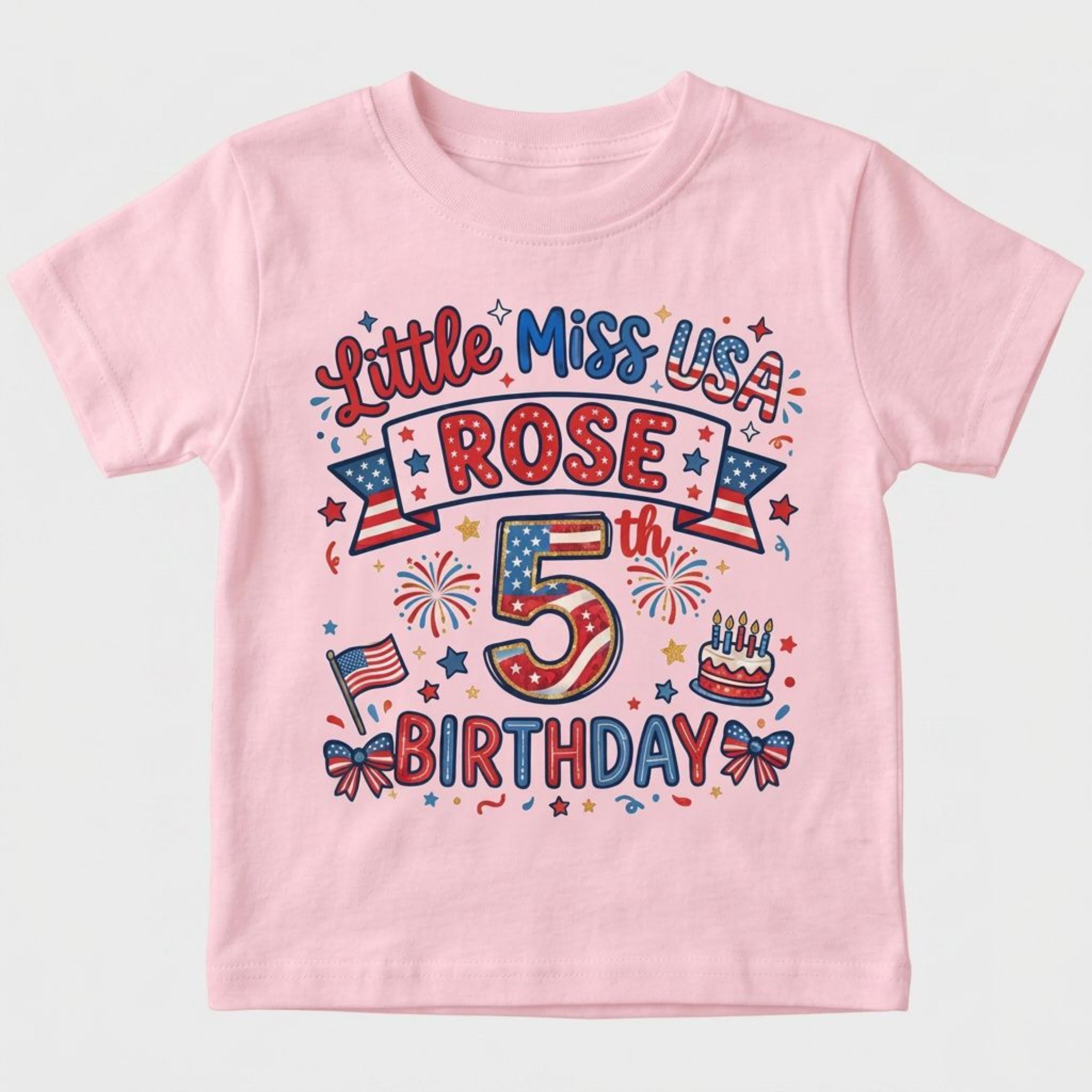 Custom Little Miss USA 5th Birthday T-Shirt, Personalized Name Tee, US Flag Design
