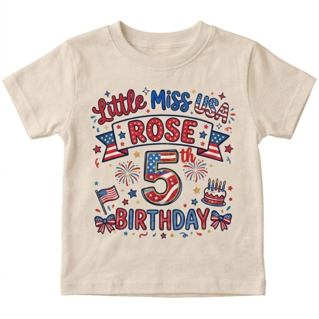 Custom Little Miss USA 5th Birthday T-Shirt, Personalized Name Tee, US Flag Design