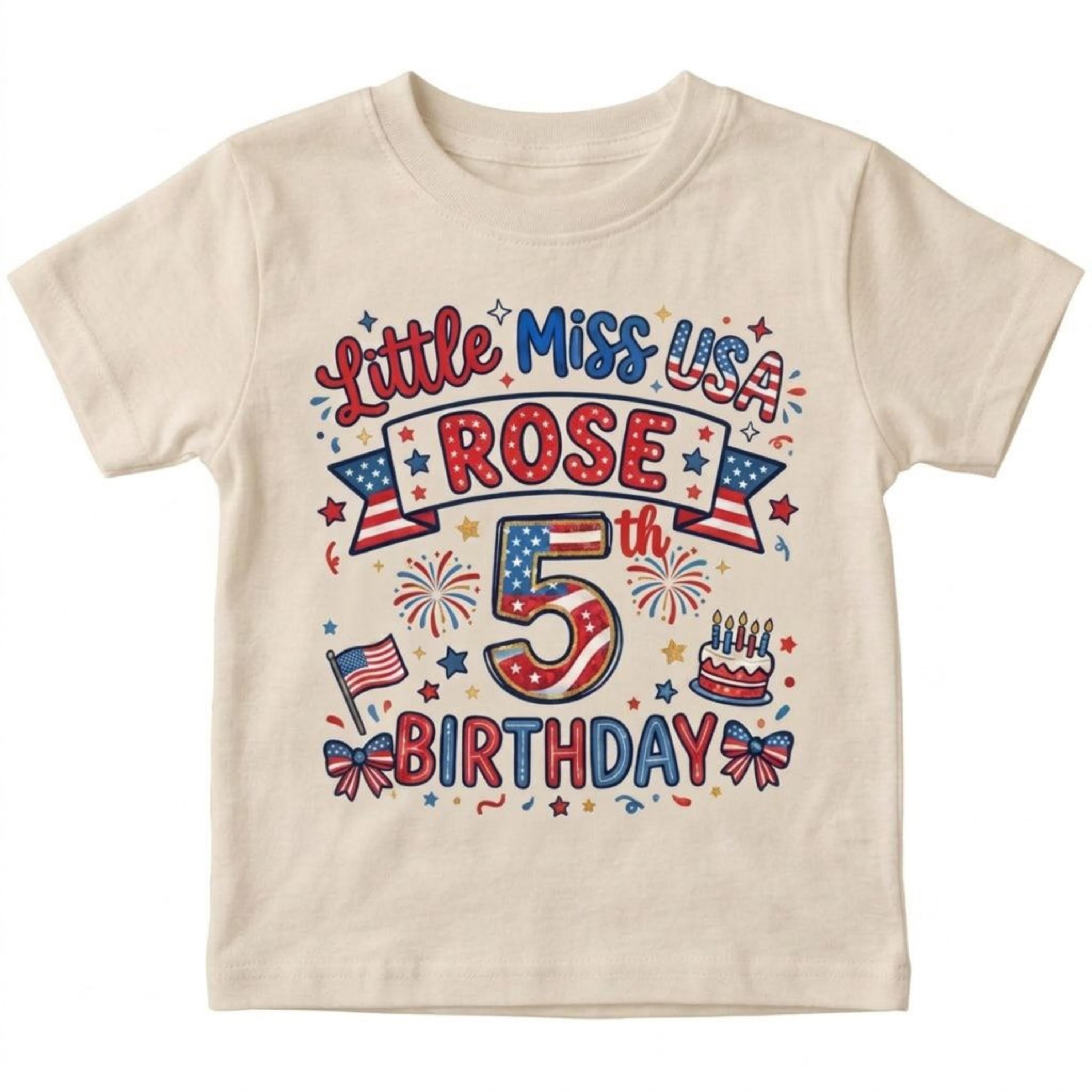 Custom Little Miss USA 5th Birthday T-Shirt, Personalized Name Tee, US Flag Design