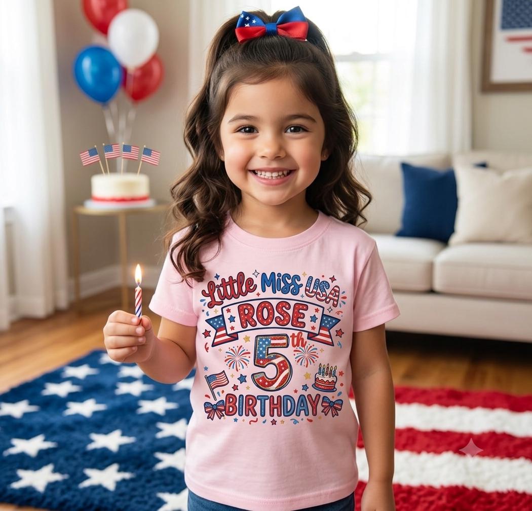 Custom Little Miss USA 5th Birthday T-Shirt, Personalized Name Tee, US Flag Design