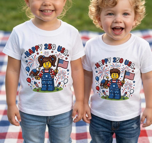 Blocks Builder Happy 250 USA 4th of July Flag kids T-shirt