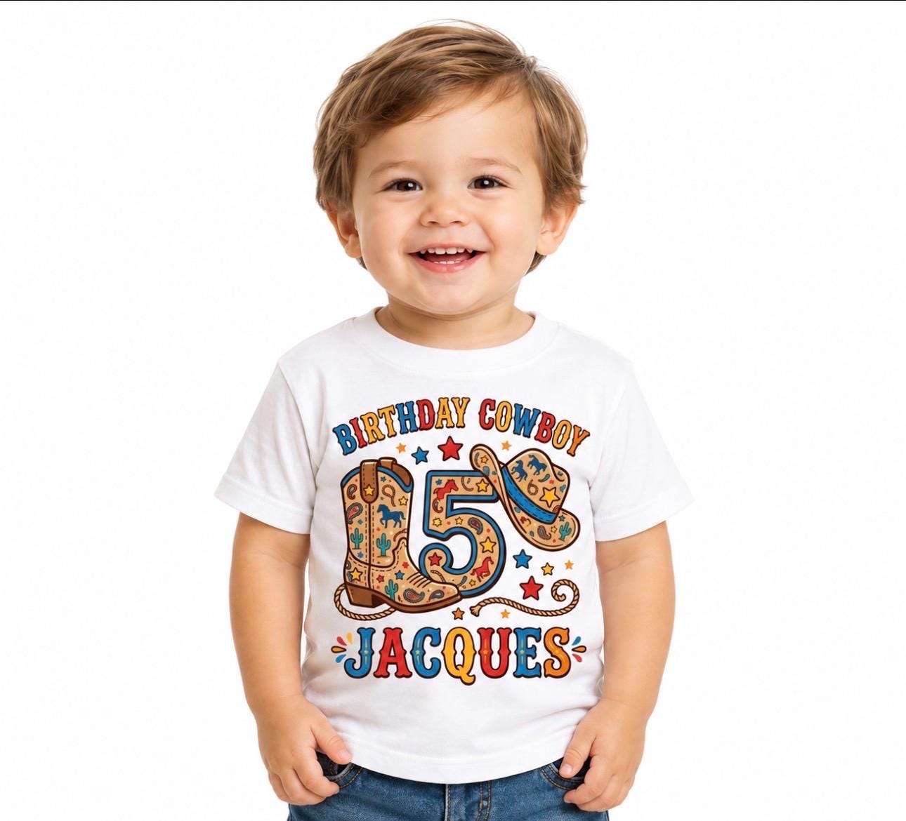 Custom Birthday Cowboy Kids T-Shirt, personalized name & age rodeo cowboy Tee