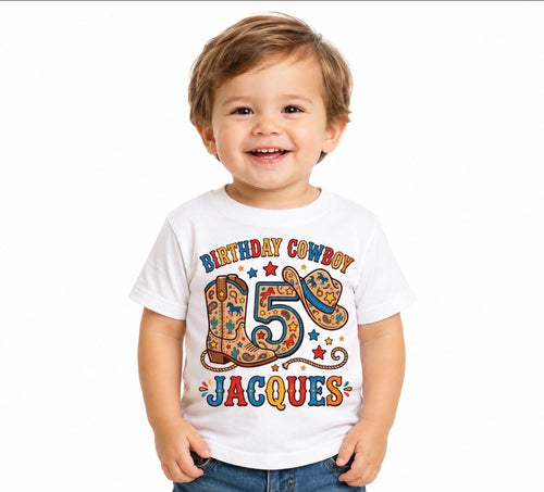 Custom Birthday Cowboy Kids T-Shirt, personalized name & age rodeo cowboy Tee