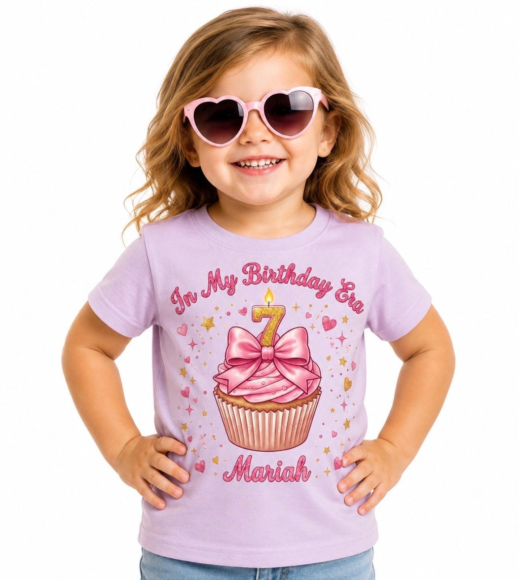 Personalized "In My Birthday Era" Birthday Cupcake T-Shirt, Girl Bow Tee
