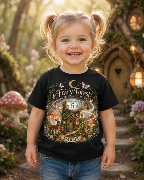 Custom Cottagecore Fairy Forest Birthday Society Girls T-Shirt, Personalized Name & Age Enchanted Woodland Party Tee