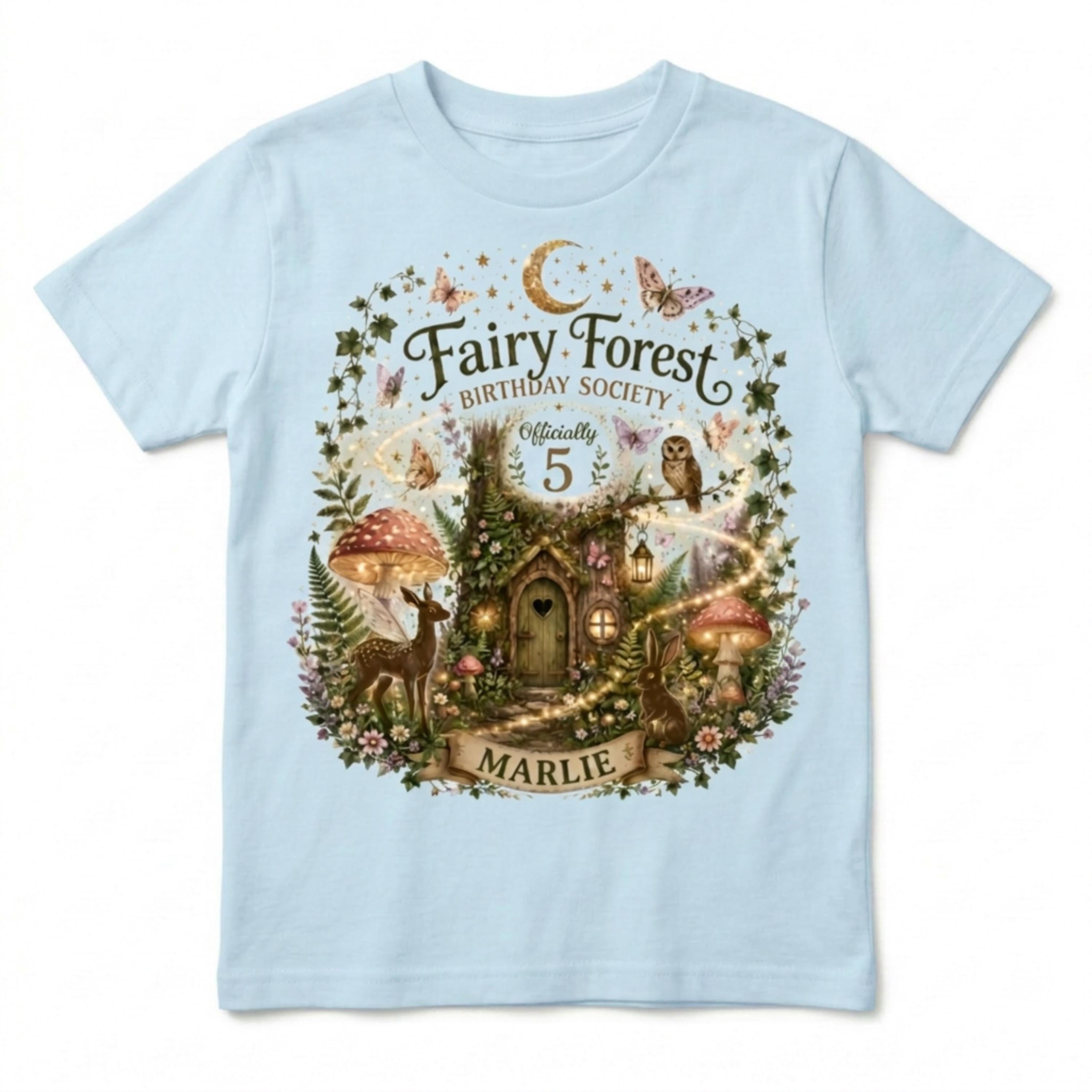 Custom Cottagecore Fairy Forest Birthday Society Girls T-Shirt, Personalized Name & Age Enchanted Woodland Party Tee