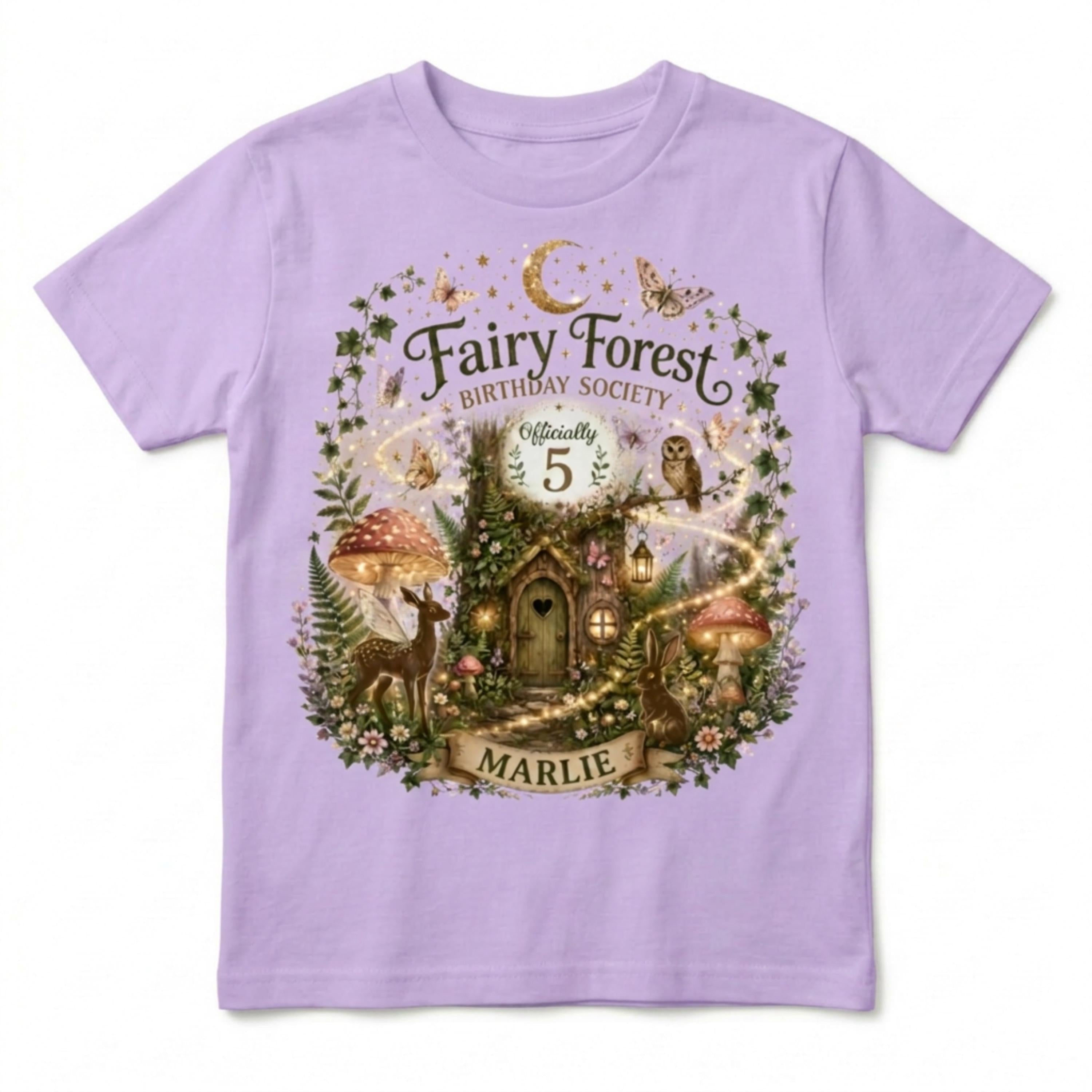 Custom Cottagecore Fairy Forest Birthday Society Girls T-Shirt, Personalized Name & Age Enchanted Woodland Party Tee