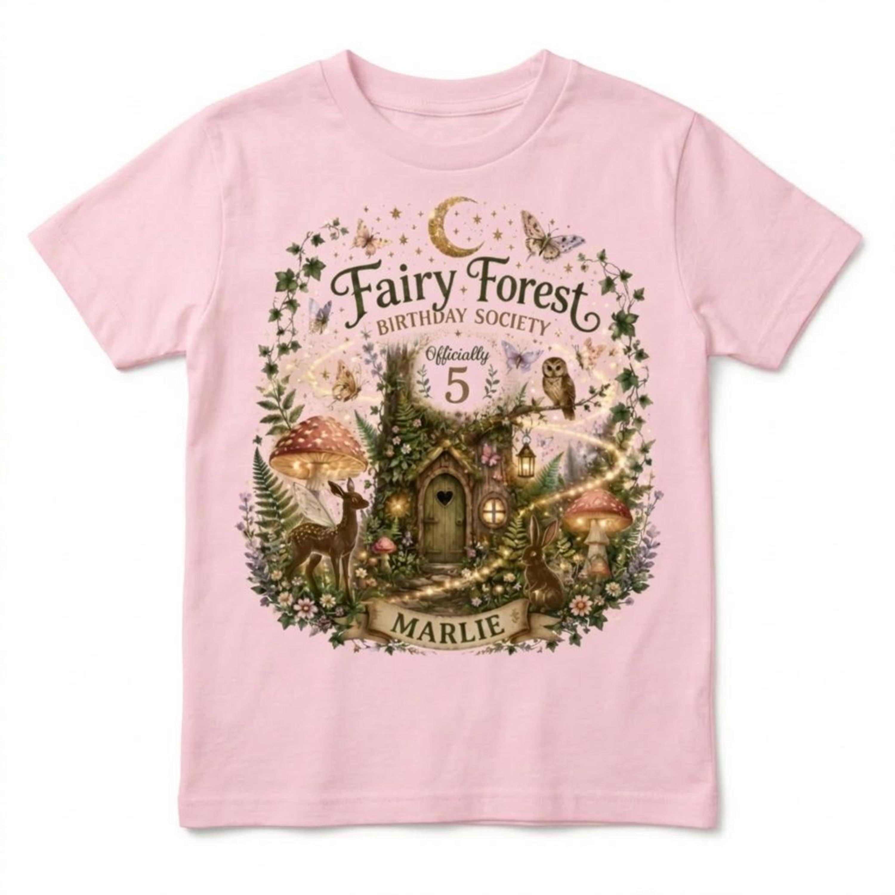 Custom Cottagecore Fairy Forest Birthday Society Girls T-Shirt, Personalized Name & Age Enchanted Woodland Party Tee