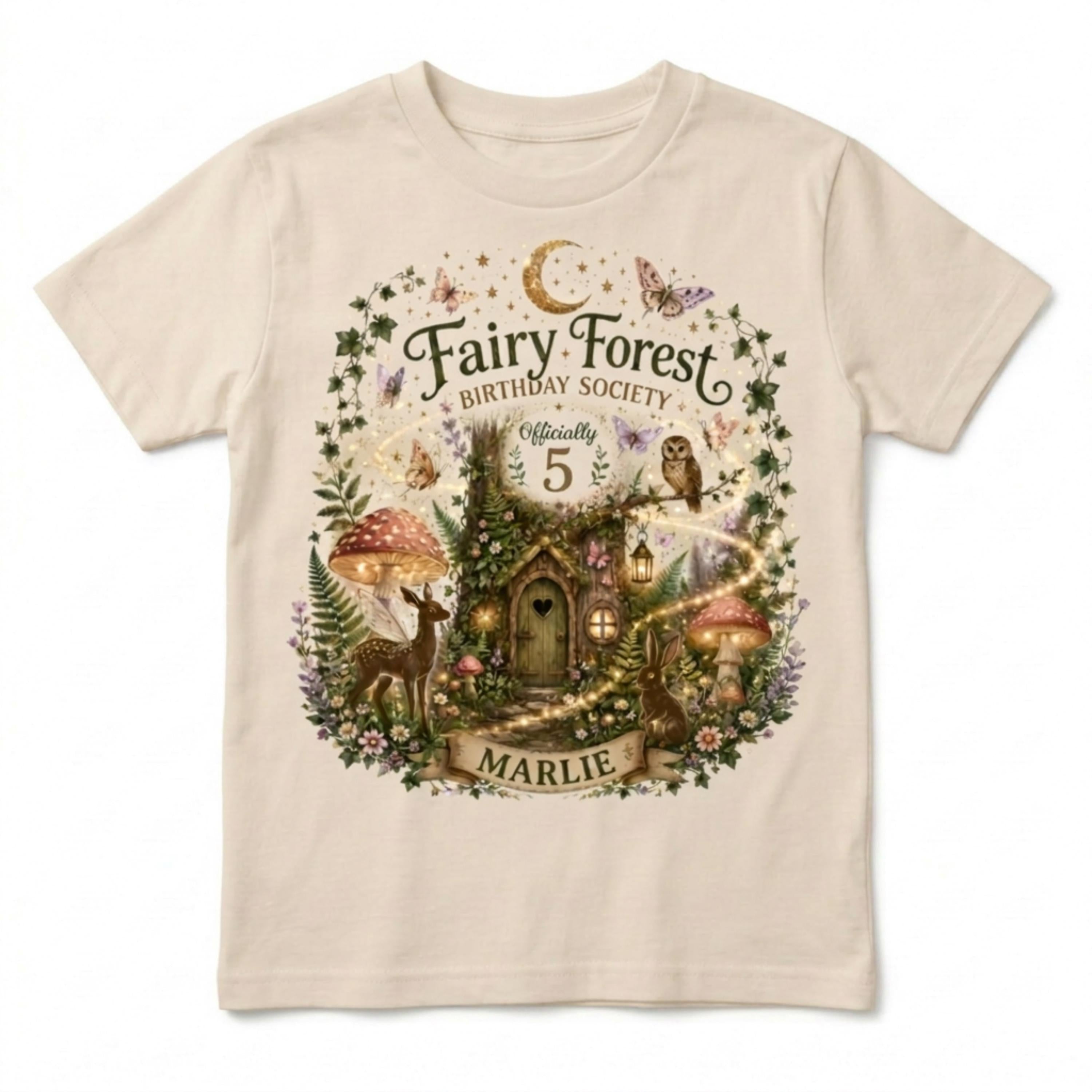Custom Cottagecore Fairy Forest Birthday Society Girls T-Shirt, Personalized Name & Age Enchanted Woodland Party Tee