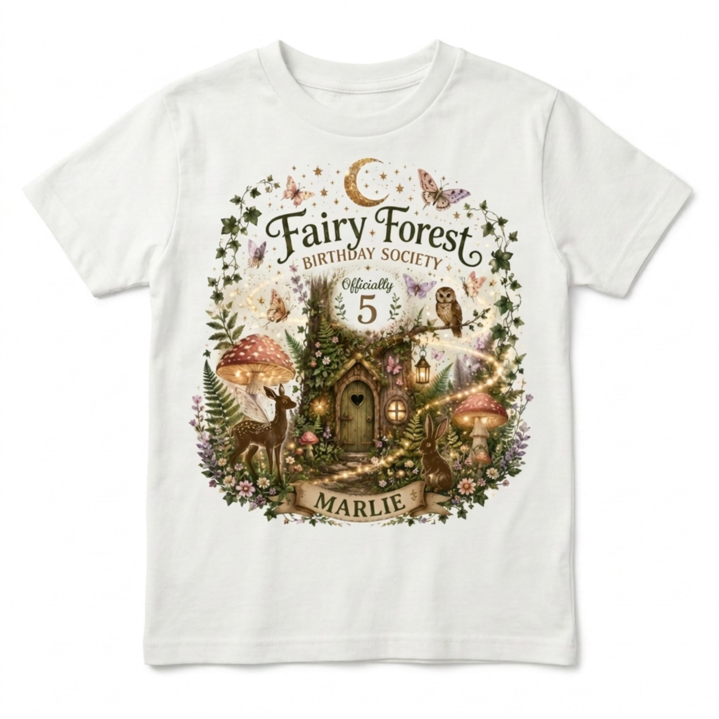 Custom Cottagecore Fairy Forest Birthday Society Girls T-Shirt, Personalized Name & Age Enchanted Woodland Party Tee