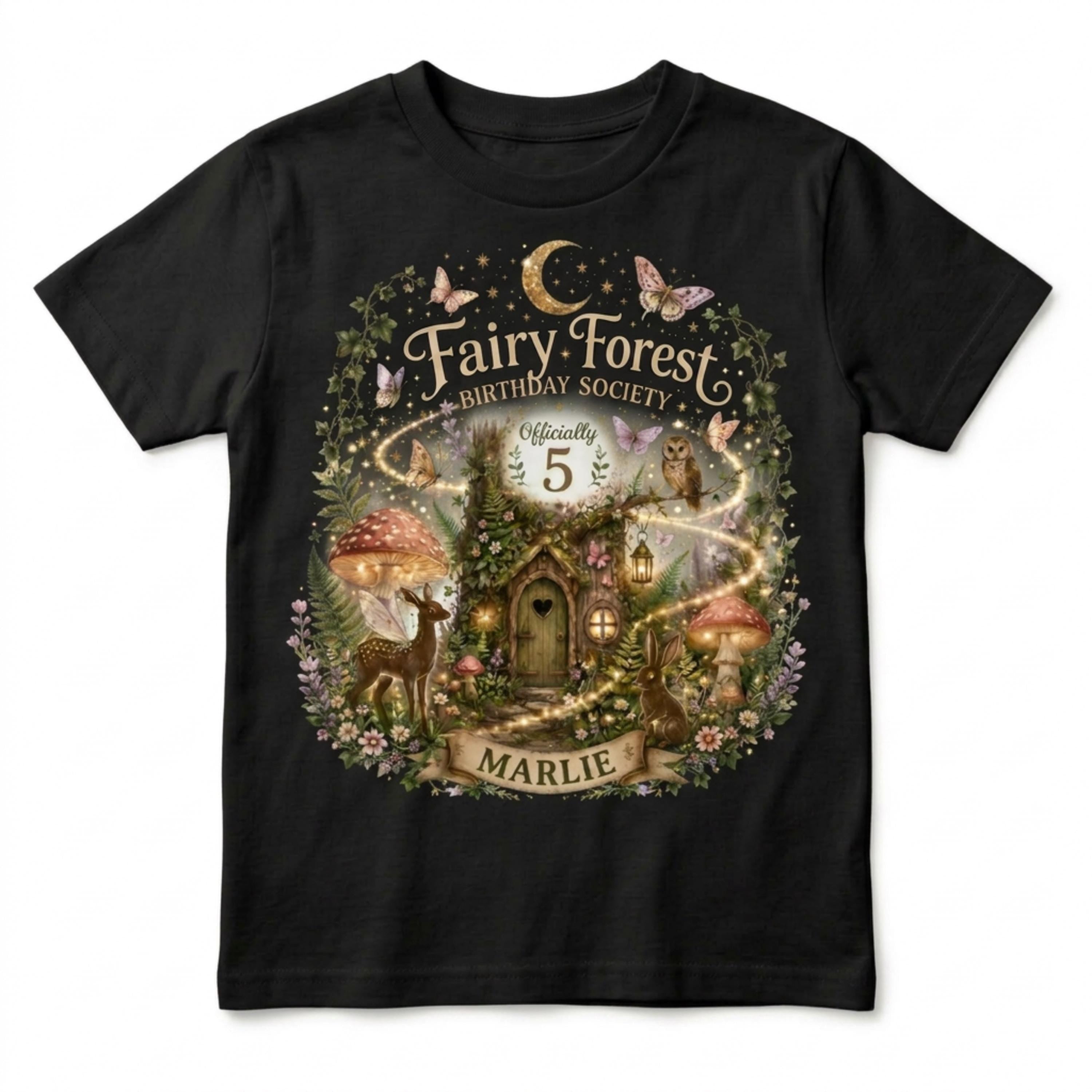 Custom Cottagecore Fairy Forest Birthday Society Girls T-Shirt, Personalized Name & Age Enchanted Woodland Party Tee