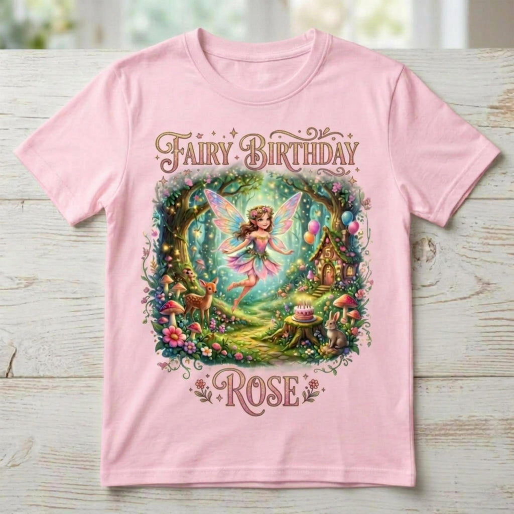 Personalized Fairy Forest Birthday Girl T-Shirt, Enchanted Woodland Cottagecore Party Tee
