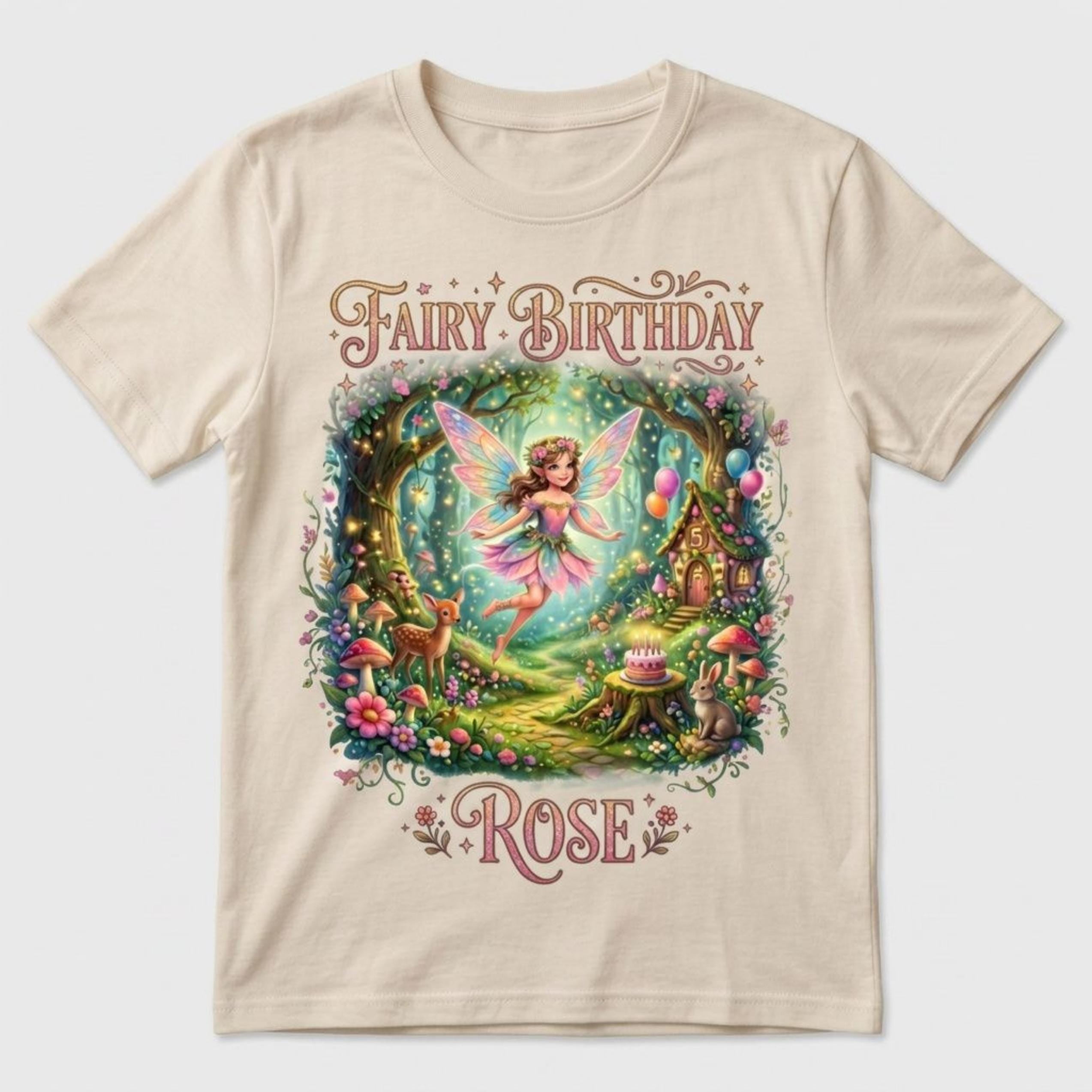 Personalized Fairy Forest Birthday Girl T-Shirt, Enchanted Woodland Cottagecore Party Tee