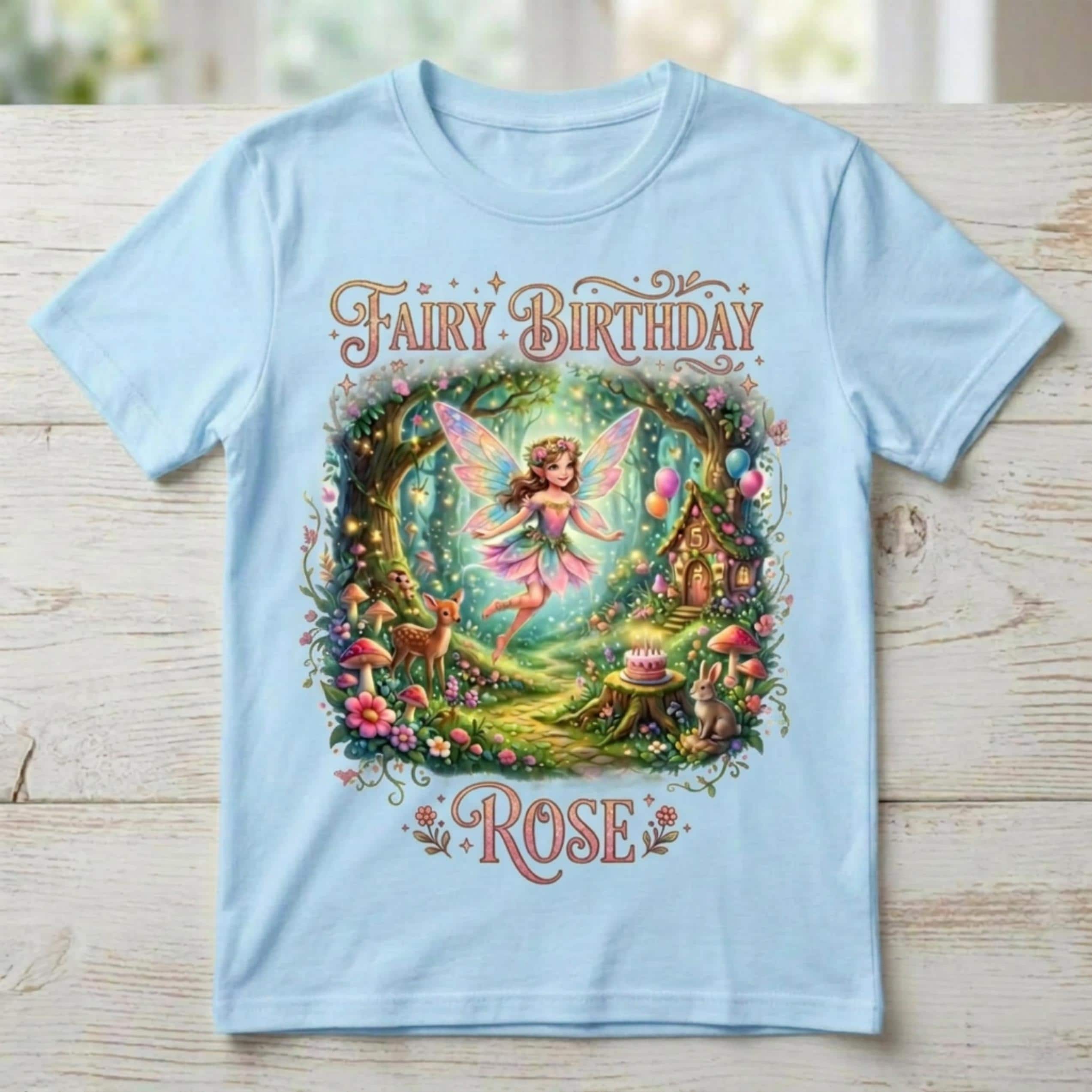 Personalized Fairy Forest Birthday Girl T-Shirt, Enchanted Woodland Cottagecore Party Tee