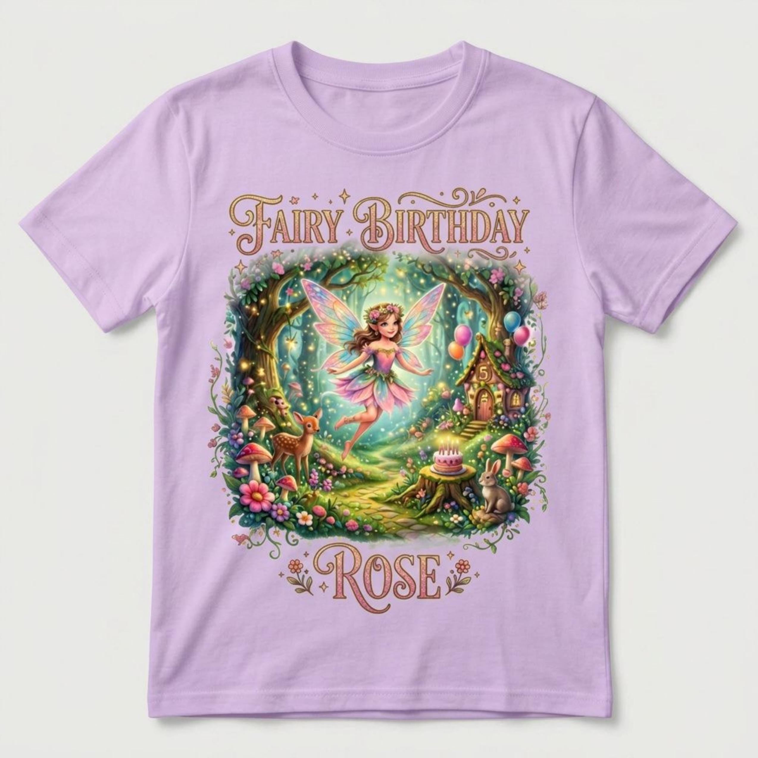 Personalized Fairy Forest Birthday Girl T-Shirt, Enchanted Woodland Cottagecore Party Tee